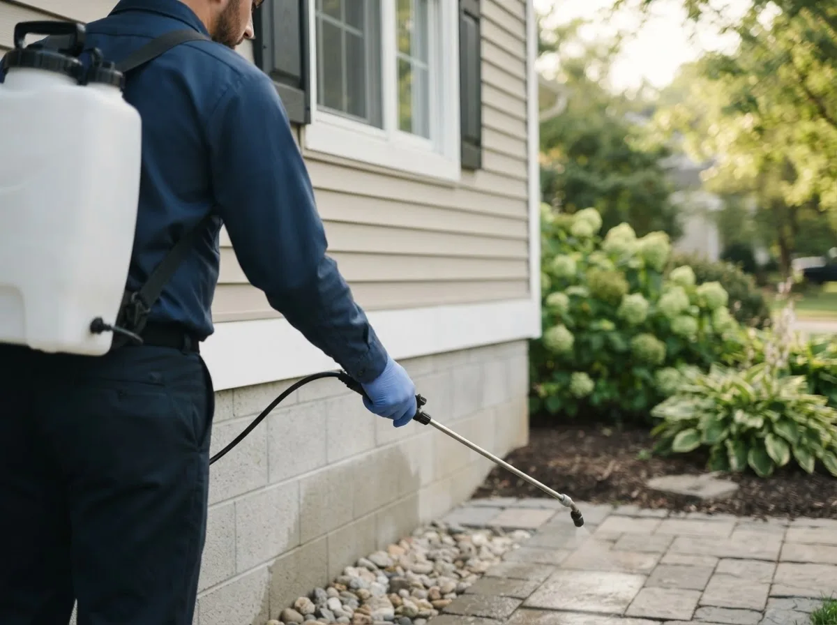 Pest control technician inspecting a home in Fairview, MO